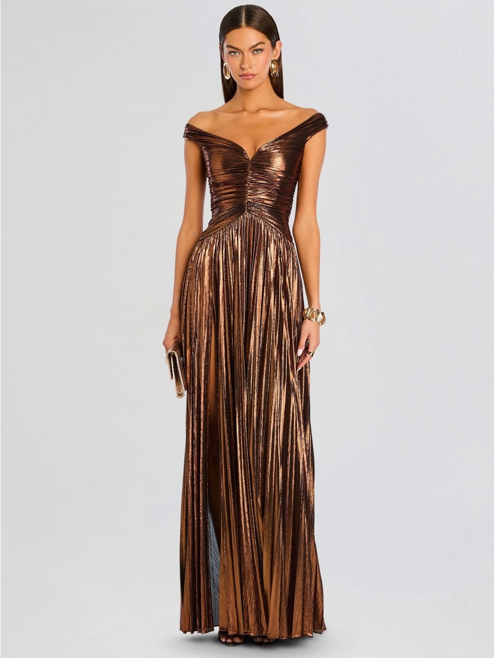 Retrofete Metallic Copper Off-Shoulder Maxi Dress